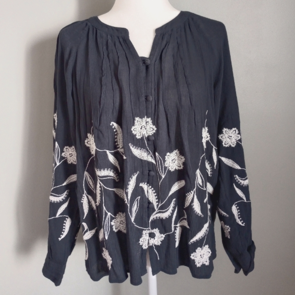 J. Jill Navy Embroidered Floral Peasant Long Sleeve Blouse Navy XS New With Tags